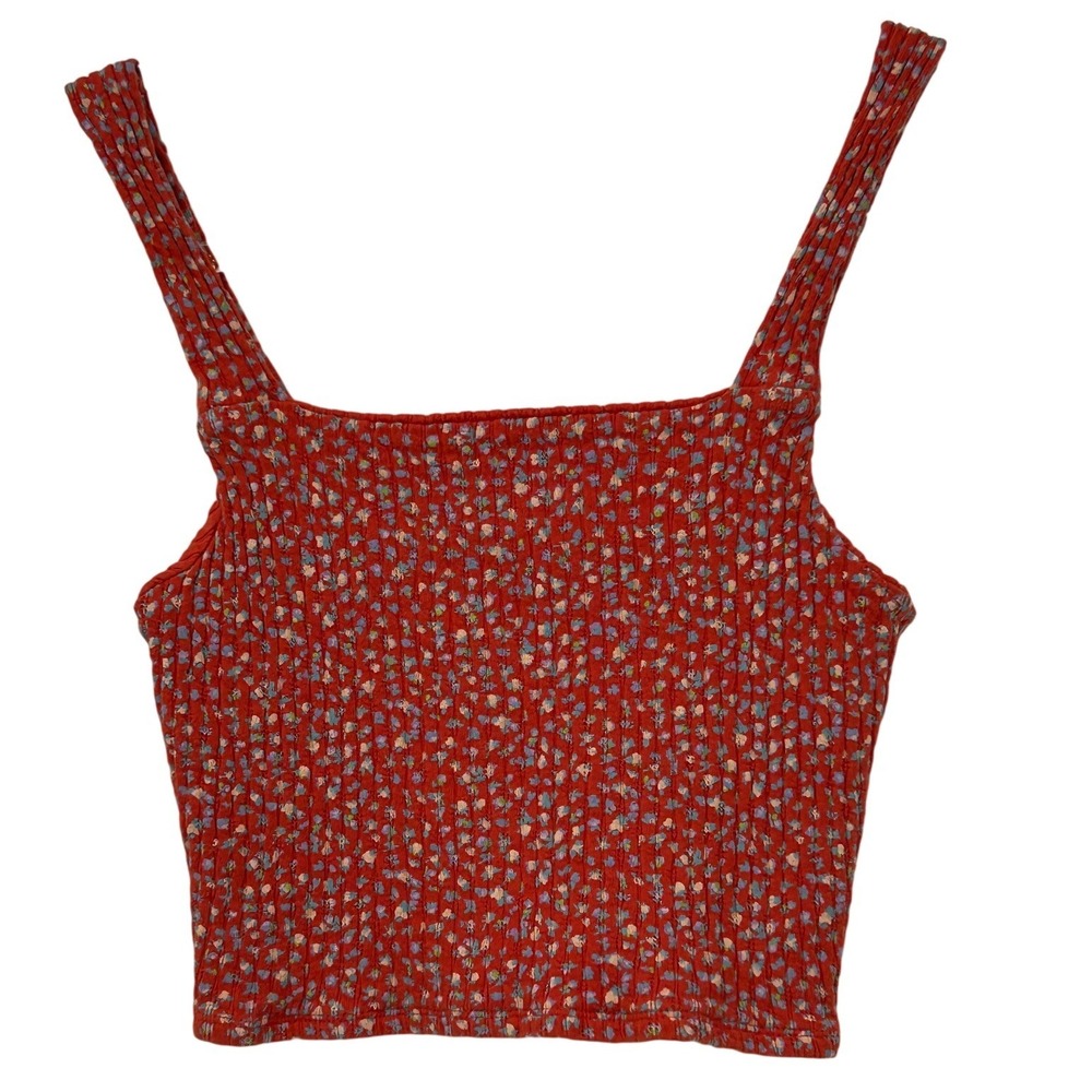 American Eagle Red Floral Ditsy Crop Top Small Square Neck Pointelle Cotton Cami - Picture 2 of 7